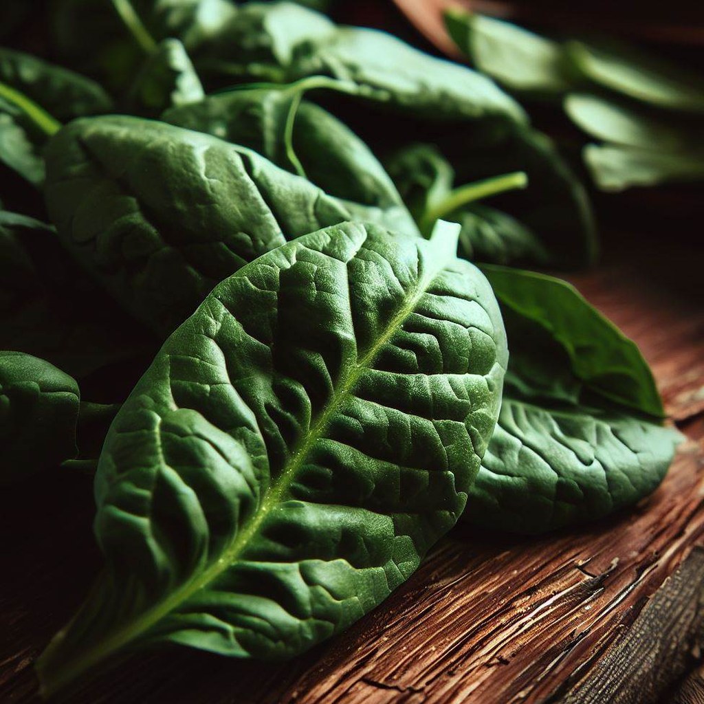 Fresh spinach leaves on a wooden table