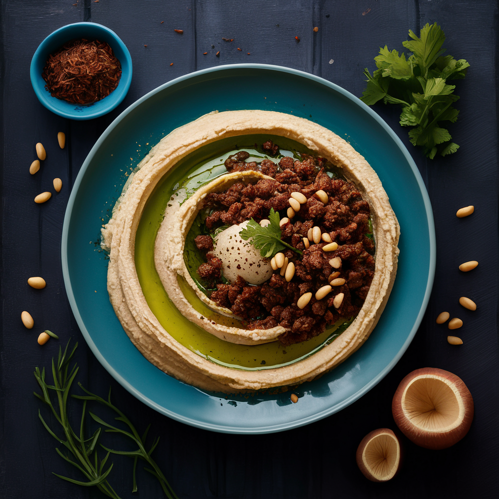 Hummus with Lahma (Spiced Meat) and Pine Nuts, a Mediterranean recipe from Village Foods Wholesale
